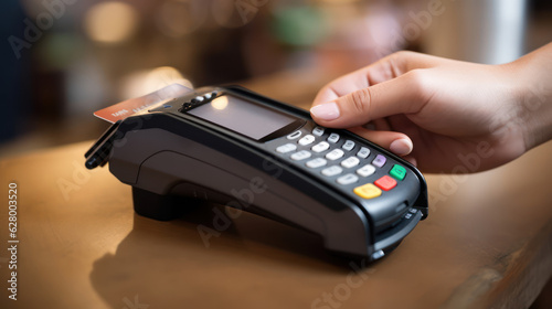 Hand of customer paying with contactless credit card 