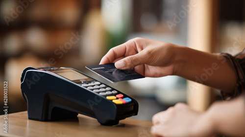 Hand of customer paying with contactless credit card 