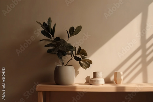 An empty wall with a wooden shelf and a potted green plant.