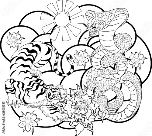 Tiger battle Cobra snake with sunrise and on background.Traditional korean  vector for printing on T-shirt on white.Japanese flower illustration for tattoo style on isolate white background.
