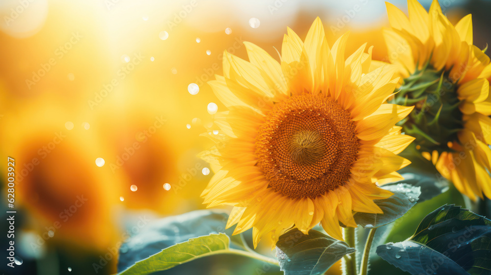 Fototapeta premium Yellow sunflowers with sun rays in bright summer blurred background