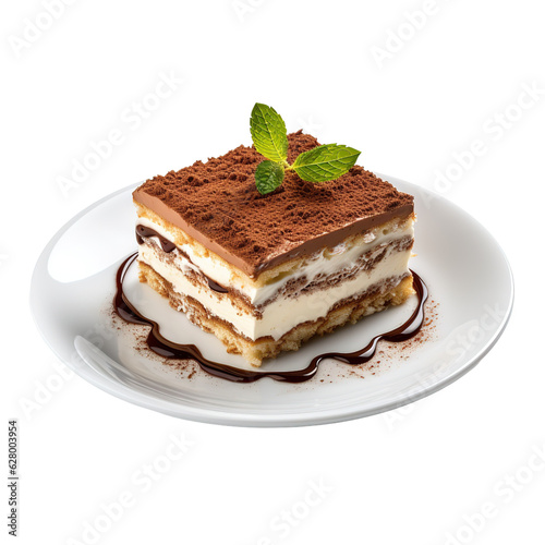 Tiramisu on white plate isolated. photo