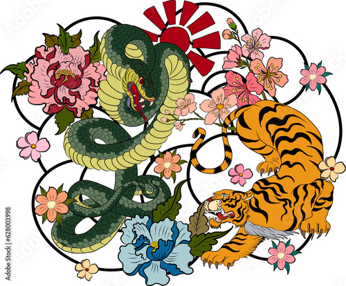 Tiger battle Cobra snake with sunrise and on background.Traditional korean  vector for printing on T-shirt on white.Japanese flower illustration for tattoo style on isolate white background.