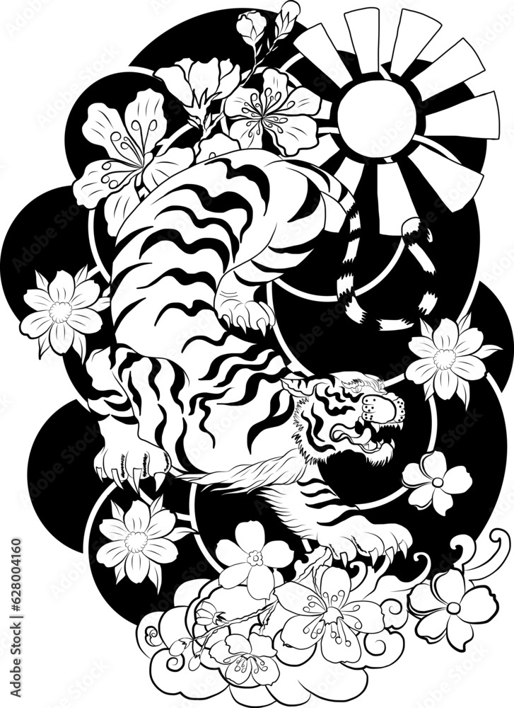 Chinese tiger with sakura flower and water splash tattoo.Illustration design tiger and cherry peach flower art vector.