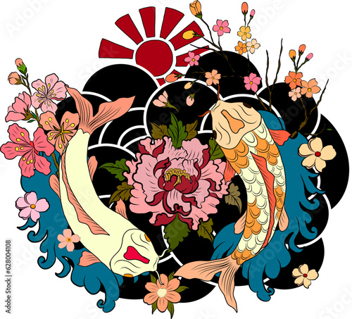 koi carp vector isolate for tattoo.Japanese carp drawing.Hand drawn line art of fish (Koi carp). Vector isolated. Idea for tattoo and coloring books.
