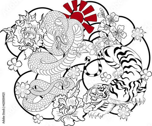 Tiger battle Cobra snake with sunrise and on background.Traditional korean  vector for printing on T-shirt on white.Japanese flower illustration for tattoo style on isolate white background.