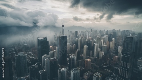 Aerial view of a city with tall buildings, epic landscape with clouds. Generative ai