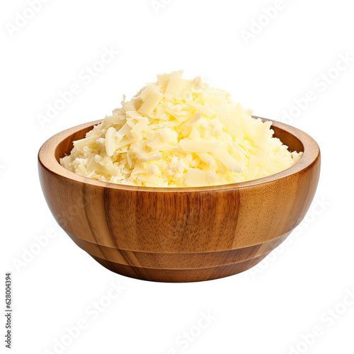 Grated cheese parmesan in wooden bowl isolated on white background