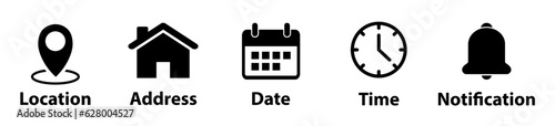 Location , Time, Address,Date,Notification icons.Business symbol . Event message icons Vector