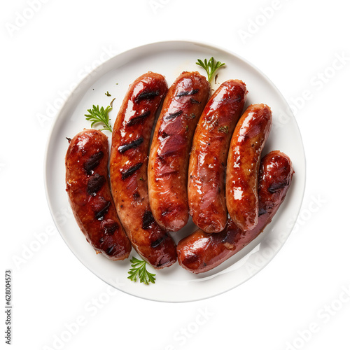Fotografia Grilled sausages on white plate.