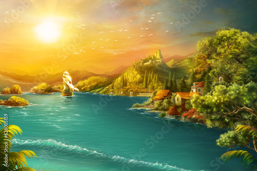 Foto illustration of romantic sunset seascape with mediterranean city, mountains, sai