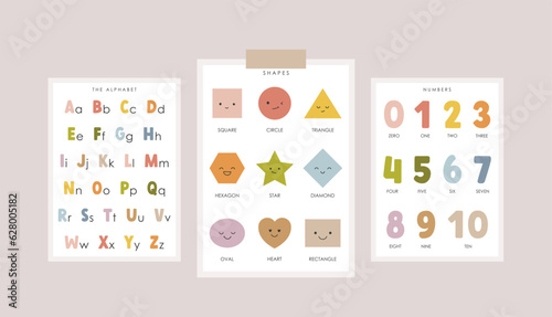 Set of 3 Educational Posters, Kids Wall Decor, Kindergarten Decor, Classroom Posters, Educational Alphabet, Preschool Wall Prints, Numbers, Vector kids design