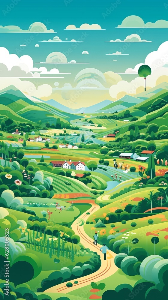 Fototapeta premium Landscape of a village, green gield, beautiful sky, epic clouds. Generative ai