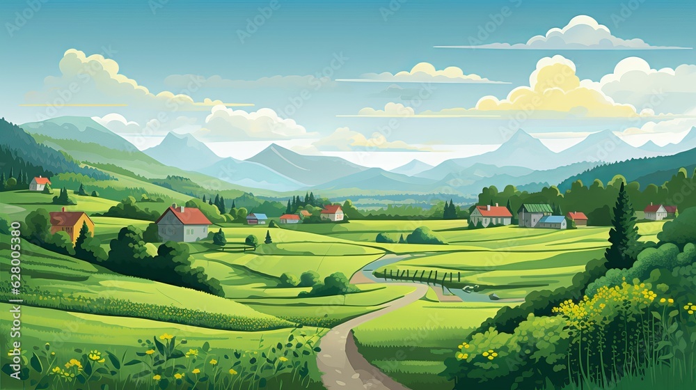 Landscape of a village, green gield, beautiful sky, epic clouds. Generative ai