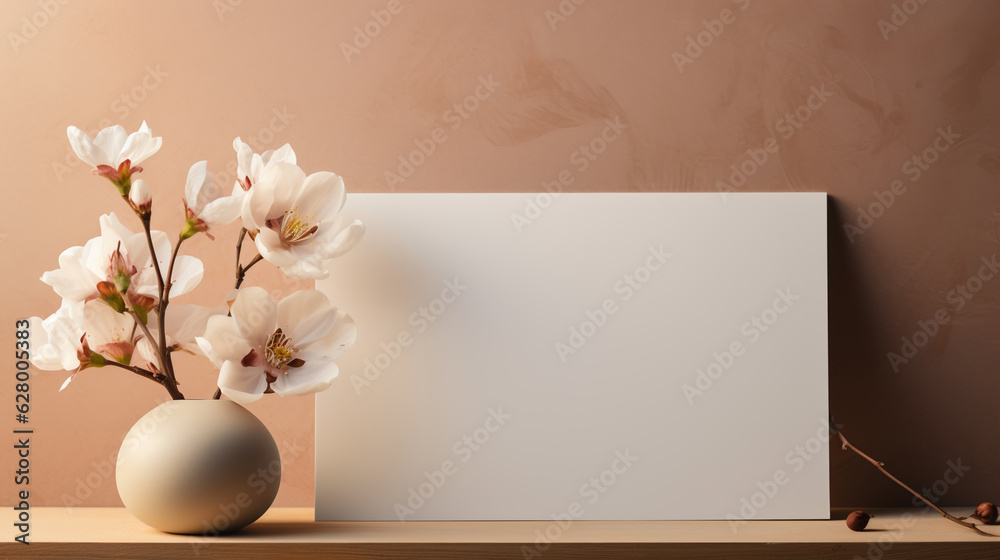 A blank canva and flowers on wooden background mockup. Image generative AI. A blank canva and flowers on wooden background mockup. Image generative AI.