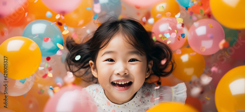 Happy little girl with balloons and confetti.