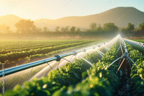 agricultural irrigation as sprinklers nourish the fertile farmland. This eco-friendly method ensures green fields and thriving plants, underlining the significance of sustainable farming practices. photo