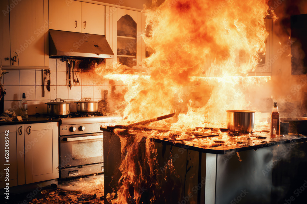 sudden accident in the kitchen leads to a fire outbreak, causing chaos and urgency. Quick thinking and action are essential to prevent further escalation.