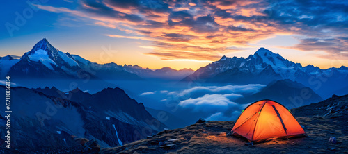A breathtaking landscape with a tent nestled amidst nature, inviting adventure seekers to experience the beauty of mountaineering at sunset.