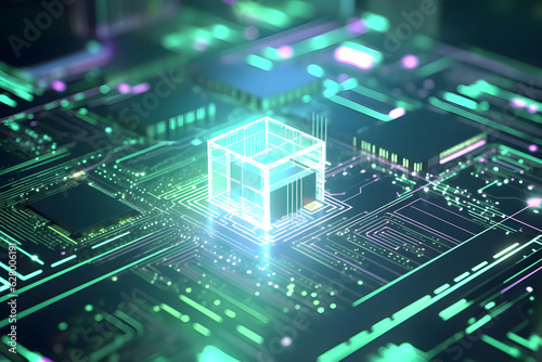 Data storage cube between neon pathways. Quantum computing, database, cloud computing concept.