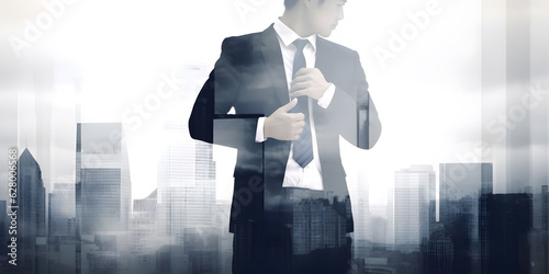 Double exposure image of businessman and city with skyscrapers.