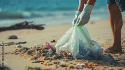 Man in gloves pick up plastic bags that pollute sea. Problem of spilled rubbish trash garbage on the beach sand caused by man - made pollution and environmental, campaign to clean volunteer in concept