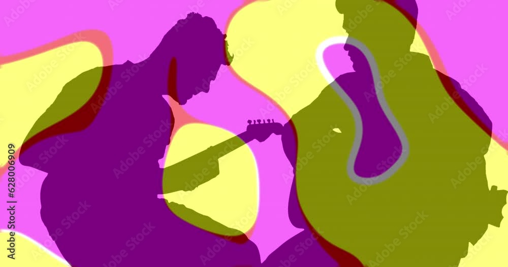 Animation of colourful shapes moving over silhouettes of two men playing guitar Animation of colourful shapes moving over silhouettes of two men playing guitar