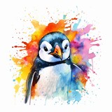 Penguin with some colorful paint brush on white background. Suitable for shirt design. Generative ai