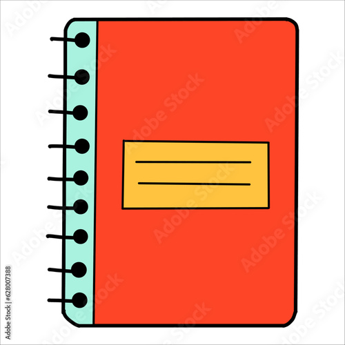 School copybook cartoon in doodle retro style. Back to school stationery element notebook bold bright. Classic supplies for children education or office work. Fun vector illustration isolated on white