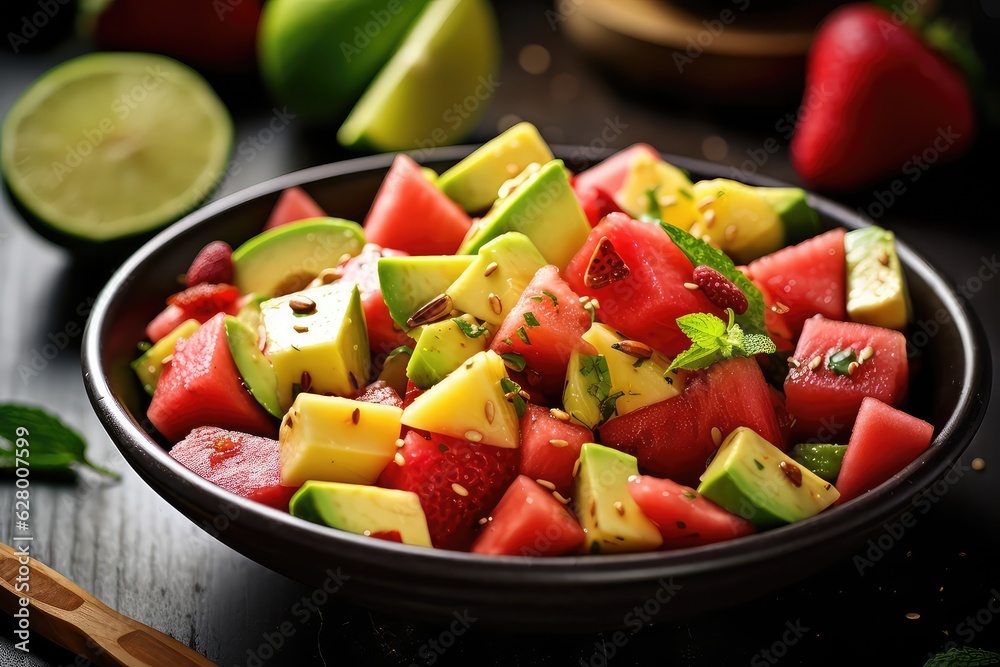 Watermelon and avocado salad with traces of strawberry and mint. Generative AI