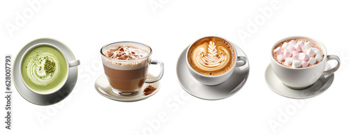 Collection of hot drinks such as matcha latte,coffee,hot chocolate and hot chocolate marshmallow isolated on transparent background. Generative Ai