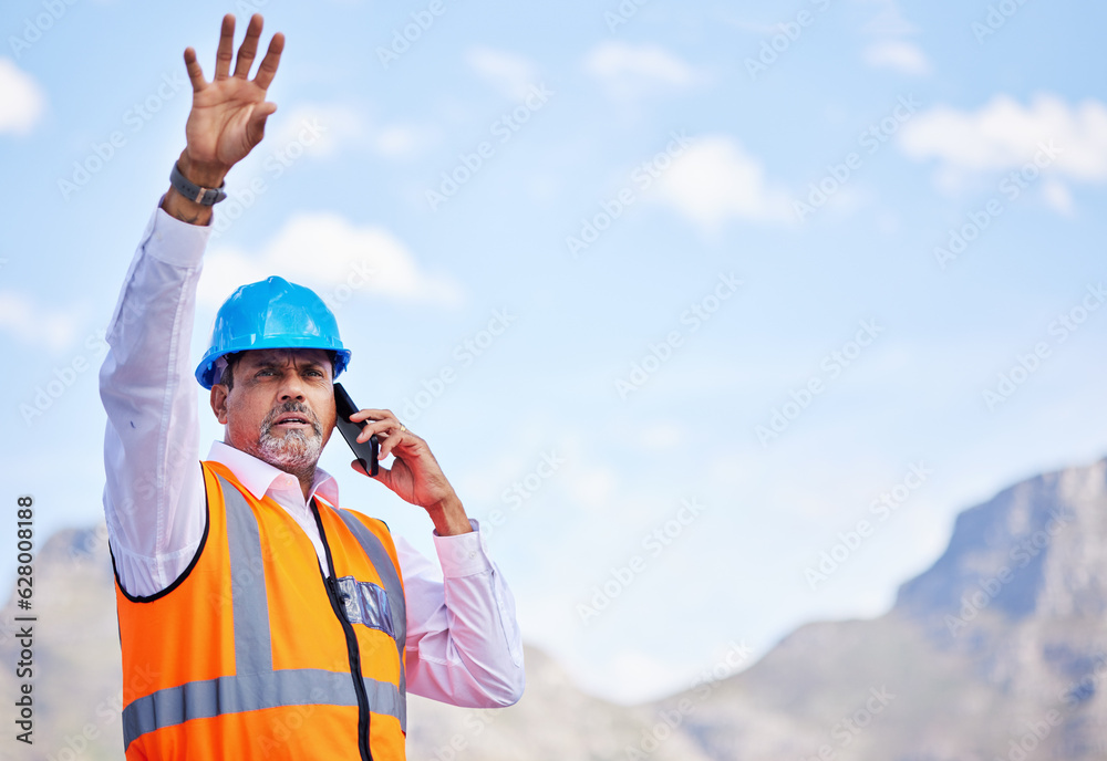 Outdoor, phone call and construction worker talking about building, project management and development in the city. Engineer, architect or senior man on smartphone for industrial work inspection Outdoor, phone call and construction worker talking about building, project management and development in the city. Engineer, architect or senior man on smartphone for industrial work inspection