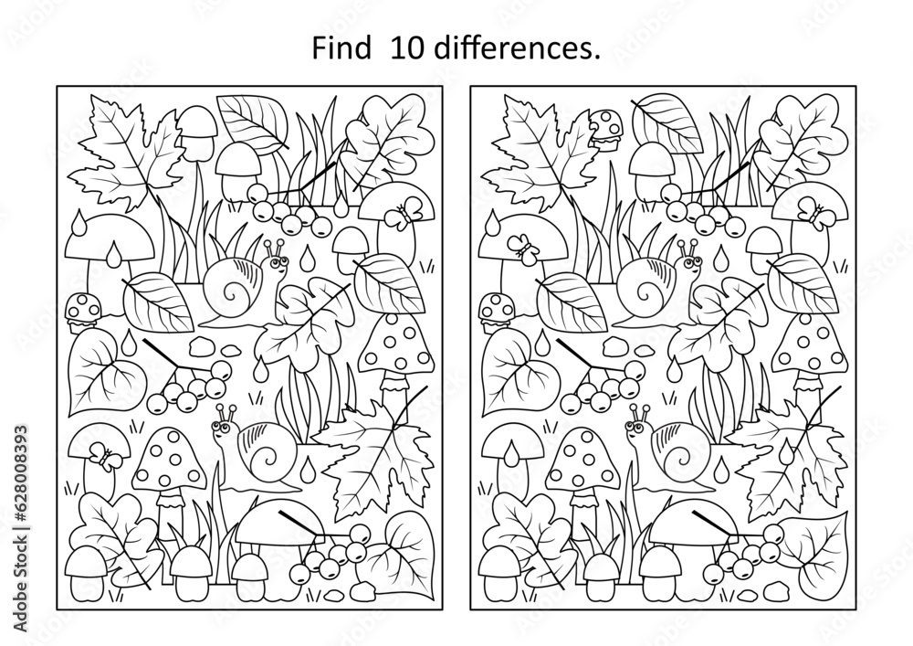 Autumn wonders. Difference game and coloring page activity with season items.
