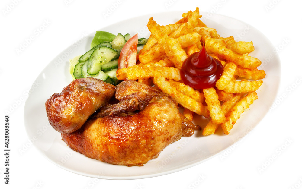 Grilled Chicken with French Fries, Ketchup and Salad - Transparent PNG Background Grilled Chicken with French Fries, Ketchup and Salad - Transparent PNG Background