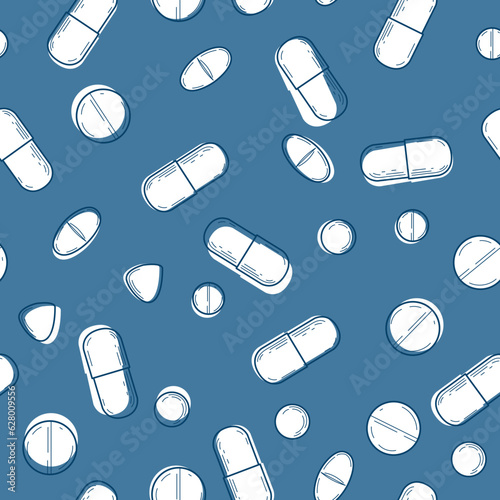 Vector seamless drawing with various medical products. White capsules and pills with dark blue silhouette, hand drawn on blue background. Bright fresh pattern for banners or websites. 