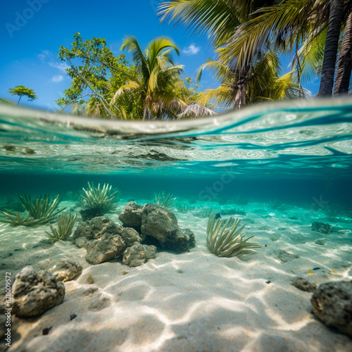 Idyllic Tropical Paradise: Over and Underwater View of a Crystal-Clear Seascape