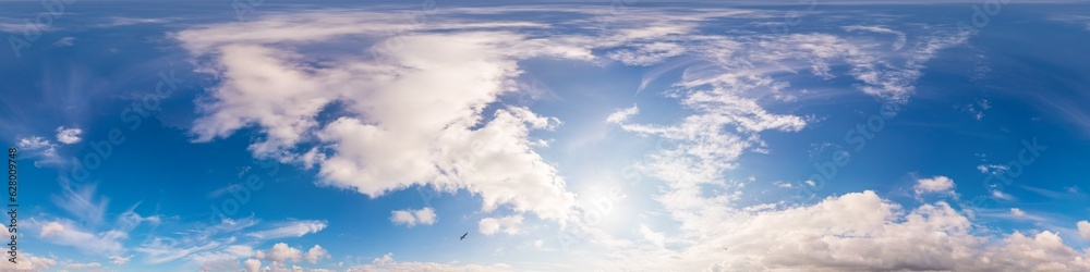 Clear blue summer sky panorama with Cumulus clouds. Seamless hdr spherical 360 panorama. Sky dome in 3D visualization, sky replacement for aerial drone 360 panoramas. Weather and climate change Clear blue summer sky panorama with Cumulus clouds. Seamless hdr spherical 360 panorama. Sky dome in 3D visualization, sky replacement for aerial drone 360 panoramas. Weather and climate change