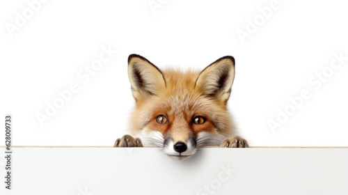 Red fox peeking out from behind a white wall