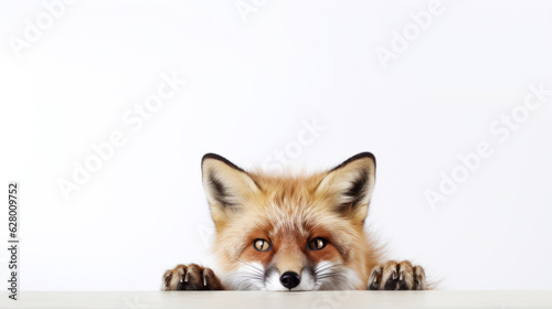 Red fox peeking out from behind a white wall