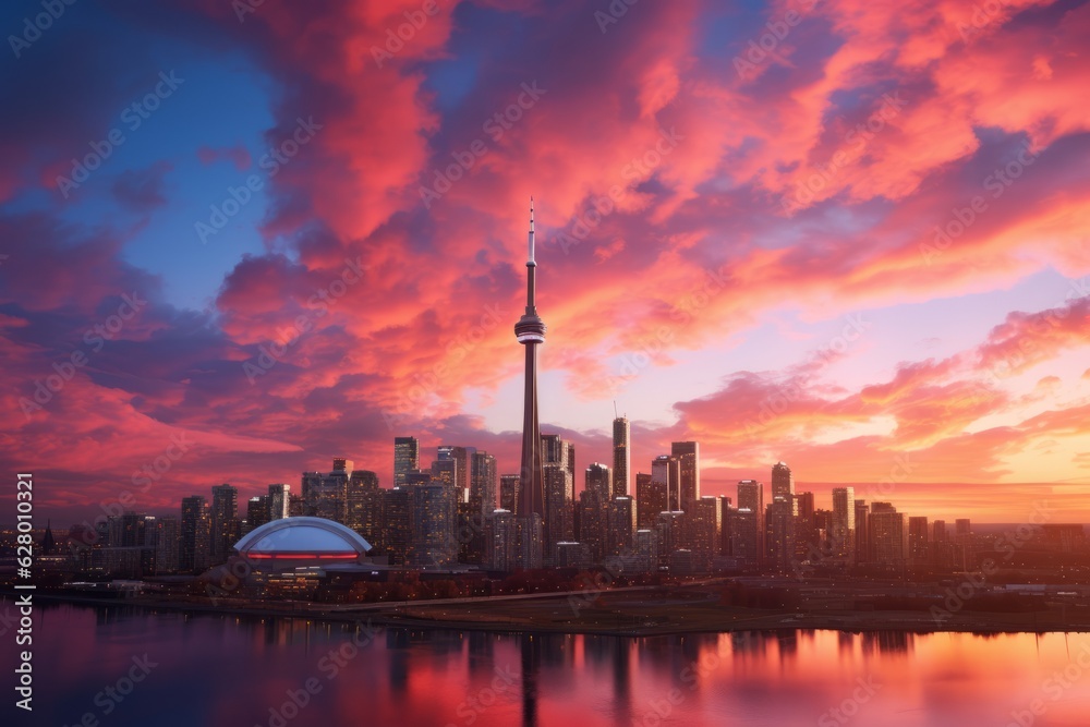 Naklejka premium Vibrant City Skyline At Sunset, Generative AI