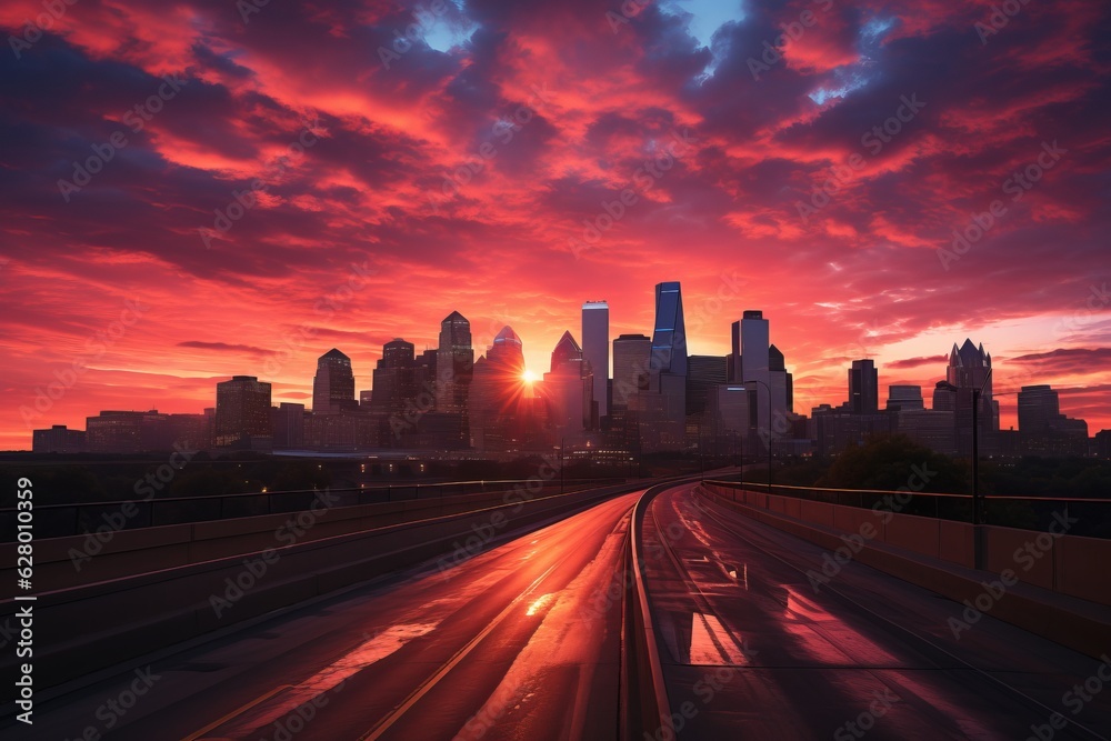 Fototapeta premium Vibrant City Skyline At Sunset, Generative AI