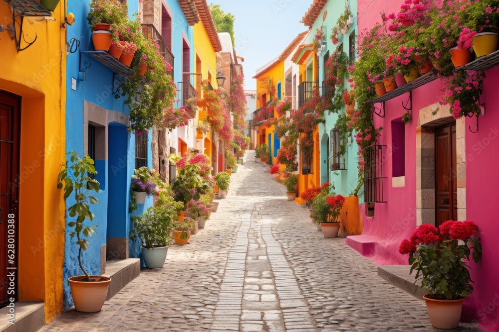 Vibrant Street With Colorful Houses, Generative AI