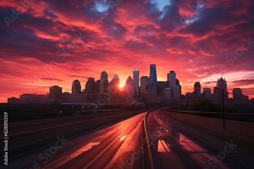 Vibrant City Skyline At Sunset, Generative AI