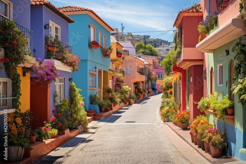 Vibrant Street With Colorful Houses, Generative AI