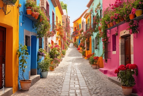 Vibrant Street With Colorful Houses, Generative AI © Starlight