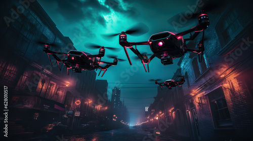 Three black drones fly over blur city 