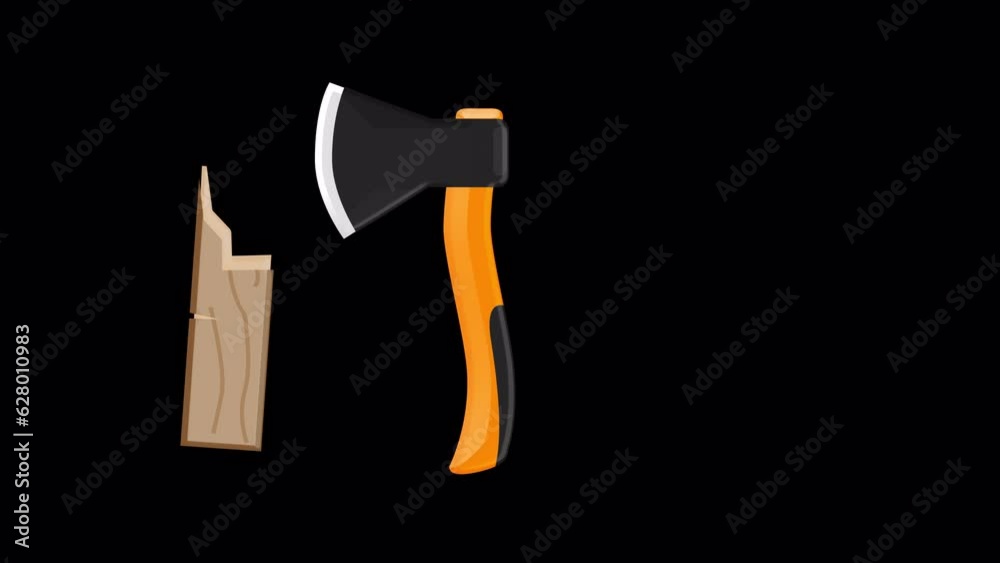 An ax chops a wooden stick. Animated axe tool. On the transparent