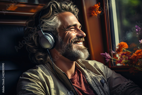 Young man in headphones listening to music at home. man sitting on sofa © ttonaorh