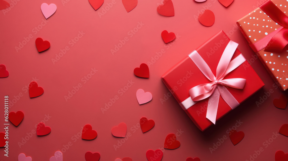 Valentines Day red background with red and pink hearts and gift Valentines Day red background with red and pink hearts and gift