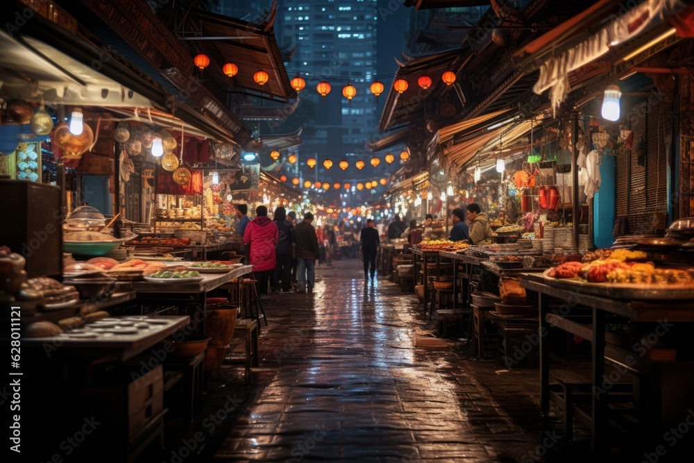 Colorful Bustling Night Market, Generative AI